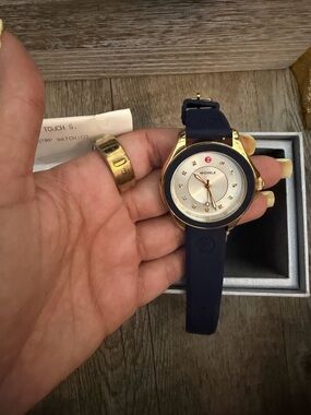 Michele Navy Silicone Strap Gold-Tone Dial Women's Watch with Crystal Markers